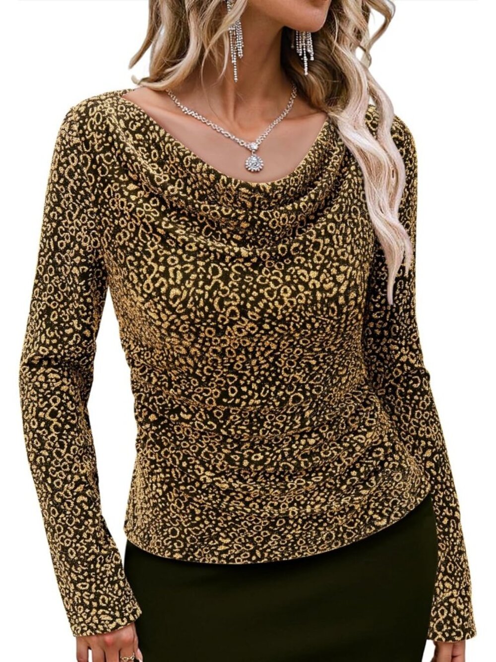 Women's Gold Leopard Cowl Neck Stretchy Glitter Cocktail Party Long Sleeve Tops